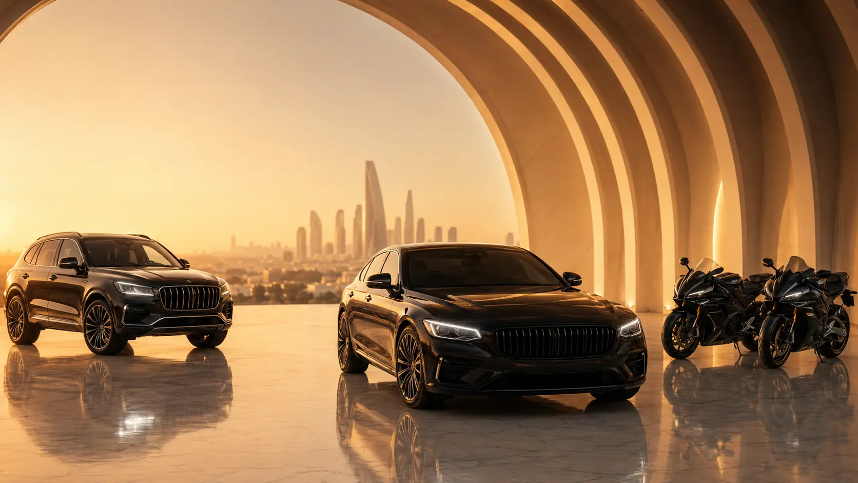 Nəhəng işıqlı tağ altında qara sedan və SUV