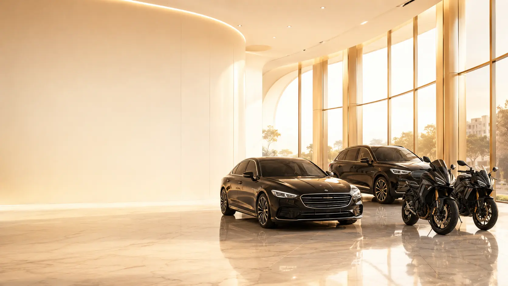 Geniş pəncərəli işıqlı showroomda avtomobil və motosikletlər